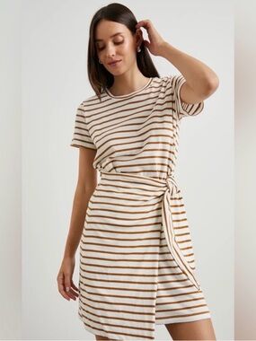 Rails Edie Striped Short-Sleeve Tie-Waist Dress in White and Tan Small